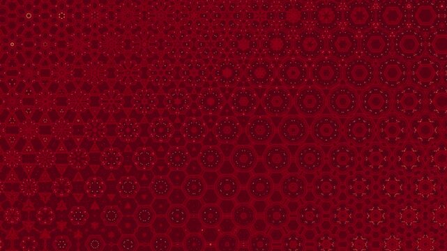 Refined crimson video pattern with symmetrical geometric forms, hexagons, circles, stars and mandala motifs, golden particles, rhythmic motion and visual depth, seamless loop.