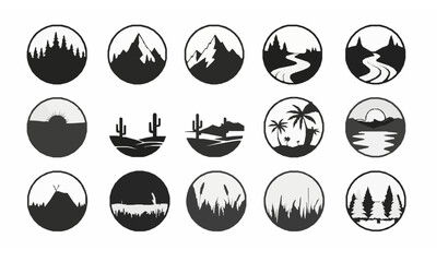 Nature landscape silhouette badge set flat vector round logos isolated on white background © Sova