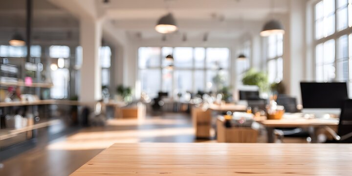 Blurred office interior with wooden table and modern furniture in bright room with large windows and pendant lights