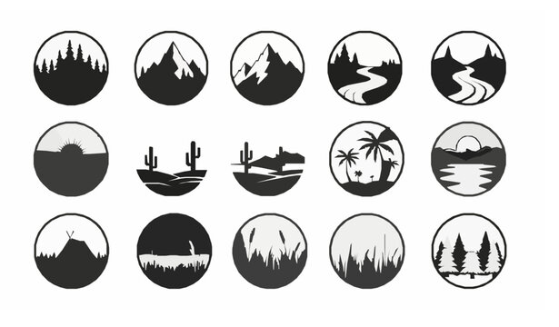 Nature landscape silhouette badge set flat vector round logos isolated on white background