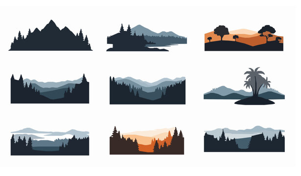 Landscape silhouette set with hills and tree lines flat vector scenes isolated on white background