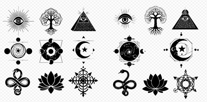 Set of mystical and occult symbols, including the all-seeing eye, tree of life, ouroboros, and lotus flower, in black and white on a transparent background.