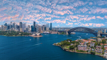 Obraz premium 5 February 2026 Aerial View of Sydney Harbour Circular Quay cruise Liner on a nice Summer day beautiful Sky in Sydney NSW Australia