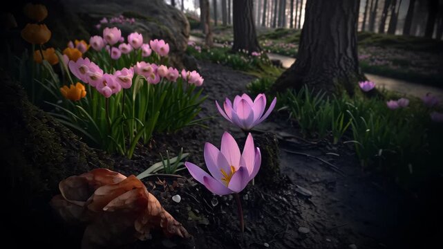 Serene woodland scene with blooming crocuses and early signs of spring, illuminated by soft, diffused light in a tranquil forest setting for Imbolc celebration