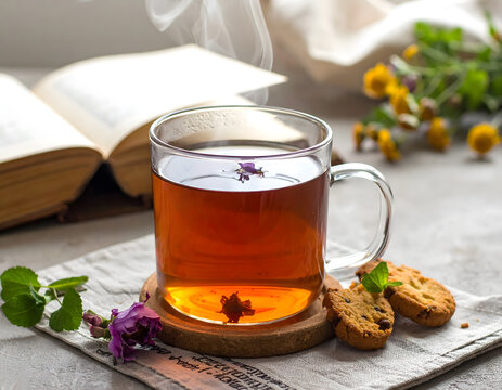 Food and Literature - A steaming mug of herbal tea next to an open, well-worn book