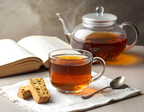 Food and Literature - A steaming mug of herbal tea next to an open, well-worn book