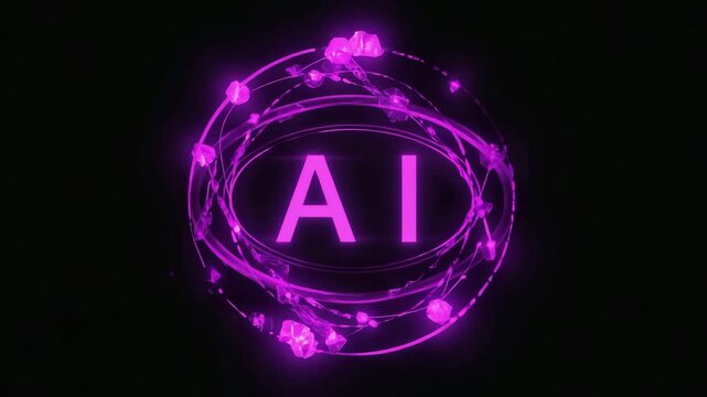 Purple neon AI logo with glowing lines and particles  futuristic technology symbol