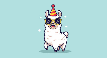 Obraz premium Cute Llama Wearing Sunglasses and Party Hat Illustration.