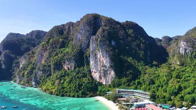 Aerial View of Tropical Limestone Cliffs and Turquoise Water in Phi Phi Islands
