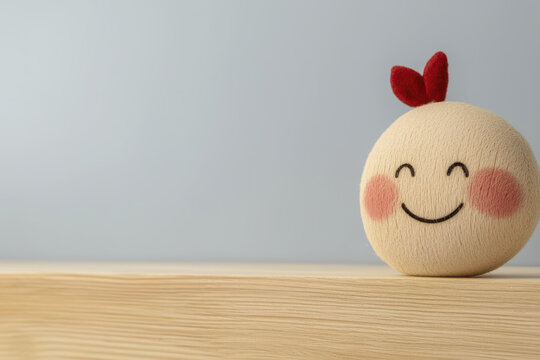 Cute cartoon face with bashful smile sits wooden shelf, radiating warmth and joy. This charming character adds playful touch
