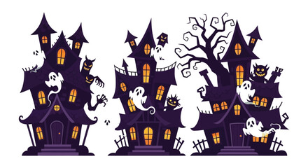 Spooky halloween scene featuring haunted houses and floating ghosts © MdNirob