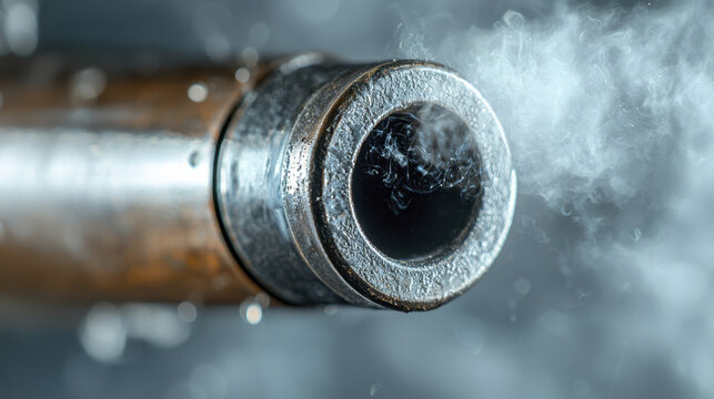Close up of rifle barrel with smoke, showcasing metallic texture and details, evoking sense of power and precision