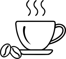 Simple Coffee Cup Icon with Steam and Beans Line Art Illustration