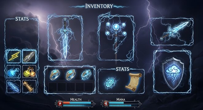 Fantasy RPG game inventory UI with glowing lightning frames, sword, shield, rings, scroll, and stats on a stormy background