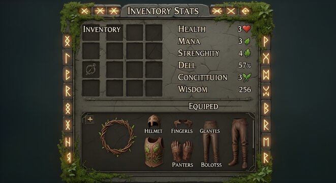 Fantasy RPG Game UI Inventory Stats Screen with Rune Border and Equipped Items, Dark Green Background