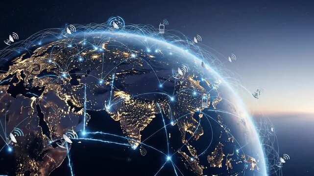 Global communication network connecting the world with satellite and mobile phone icons, creating a digital network.