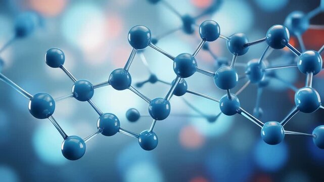 3D rendering of a molecular structure with blue atoms connected by bonds on a blurred background