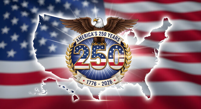Americas 250th anniversary celebration emblem with eagle, stars, stripes, and us map outline