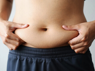 Naklejka premium Person pinching excess belly fat wearing dark athletic shorts skin