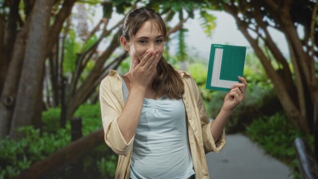 Woman holding learner plate on forest path after driving lesson, hand to mouth smiling; new driver pride.
