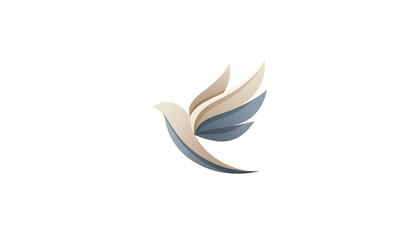 Fototapeta premium Elegant stylized dove bird with layered blue and beige wings taking flight on clean white background