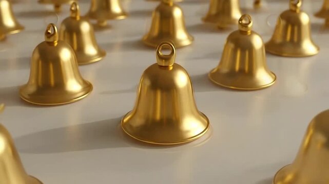 A group of shiny golden bells are arranged in a repeating pattern on a white surface, creating a festive background.