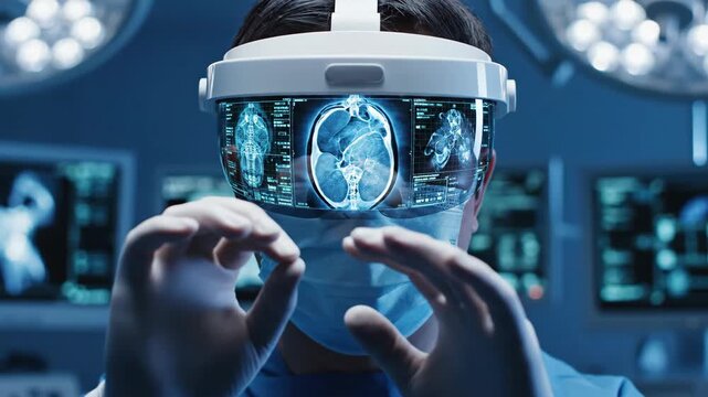 Surgeon using augmented reality headset in operating room. Man interacting with virtual brain model during procedure. Futuristic medical technology and surgical innovation concept.