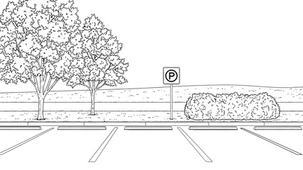 Empty parking lot with a "No Parking" sign, flanked by two large trees on the left and a bush on the right, against a hilly landscape. © hossain