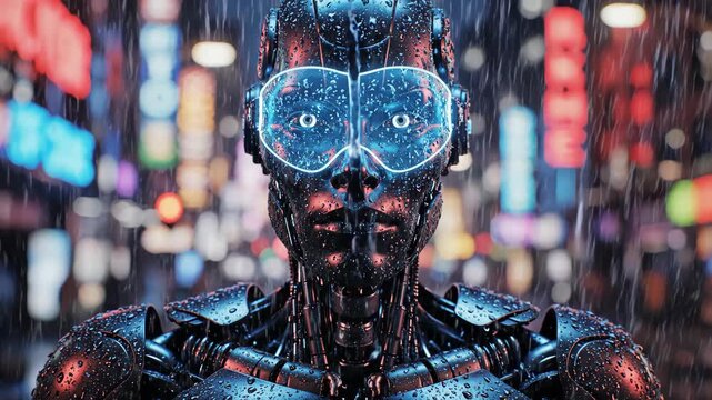 Female android in rainy cyberpunk city street. Neon lights glow on metallic face with blue eyes. Futuristic robot closeup sequence for sci-fi visuals and technology concepts