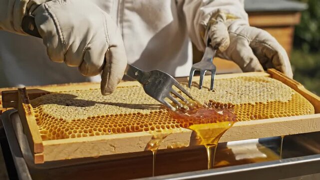 Beekeeper uncapping honeycomb with a fork for honey extraction