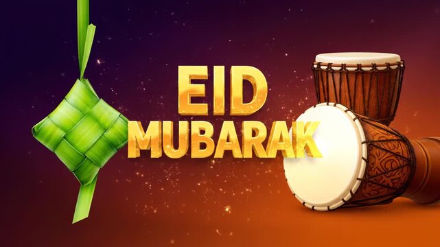 Eid Mubarak Eid Al-Fitr Greetings Card with Ketupat and Bedug
