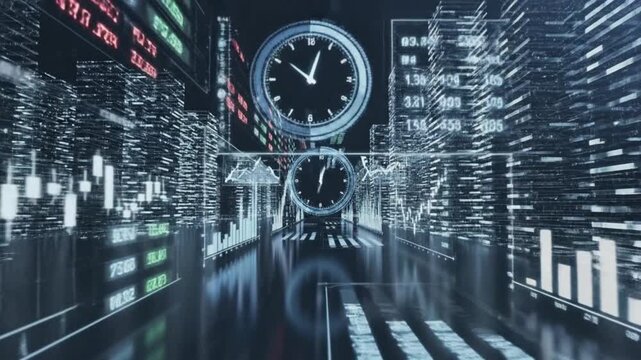 Futuristic cityscape with a large clock and digital graphs and charts at night with a dark and moody atmosphere.