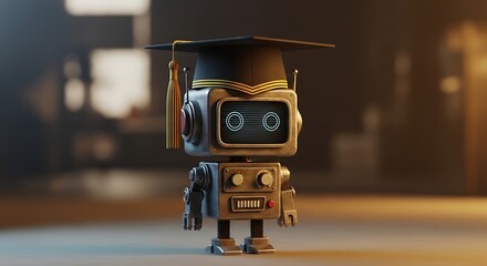 Retro robot with a graduation cap, representing education and artificial intelligence in academia