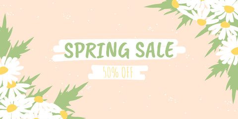 Spring sale banner with daisies and leaves. Frame template for the spring season. Vector illustration. EPS10.