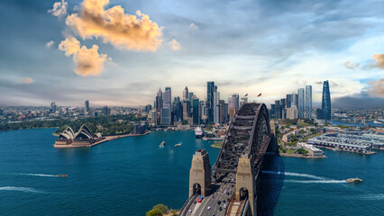 Naklejka premium 5 February 2026 Aerial View of Sydney Harbour Circular Quay cruise Liner on a nice Summer day beautiful Sky in Sydney NSW Australia