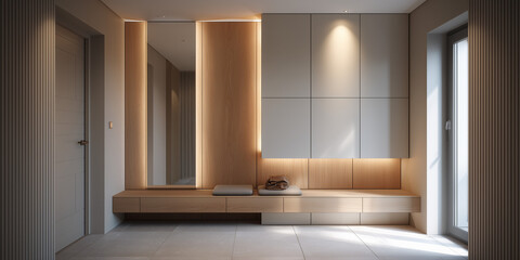 Fototapeta premium Modern apartment entry hall with built-in wardrobe and light oak finish 