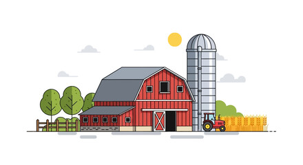 Vector illustration of a red barn with silo and tractor © Nandar