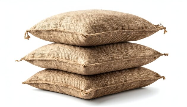 Stack of three burlap pillows, tan color, isolated against a white background