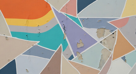 Deconstructed Pastel Geometric Fragments on Distressed Wall. Broken Abstract Shapes. Artfully Chaotic 90s Y2K Background