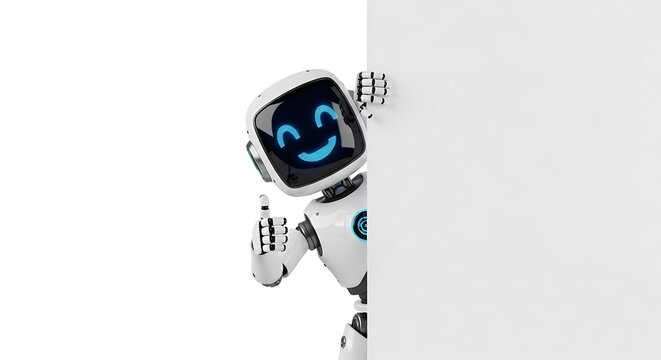 Happy robot peeking from behind a white blank board, giving a thumbs up and smiling, concept for advertising.
