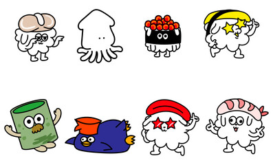 寿司と海の生き物のキャラクター集合セット