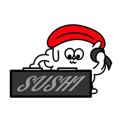 DJをするマグロの握り寿司キャラクター ターンテーブルとヘッドホン