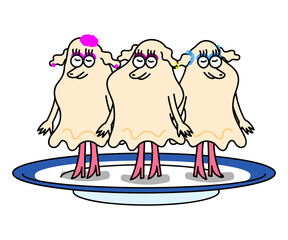 寿司屋のガリがアイドルみたいに並ぶキャラクターイラスト（3人・皿の上）