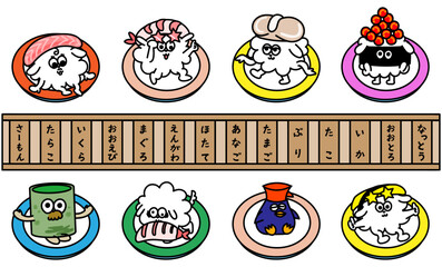 お寿司のキャラクターセット ゆるい手書き風イラスト