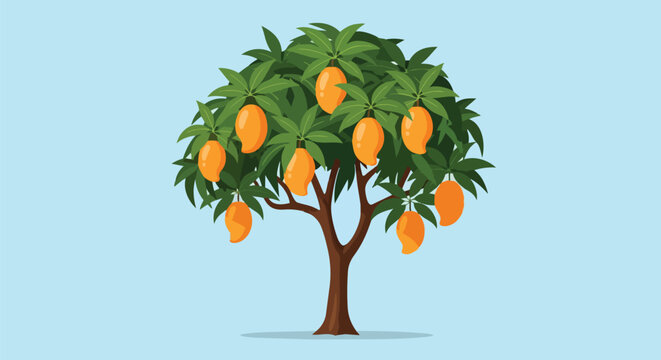 A vibrant illustration of a bountiful mango tree standing tall with ripe golden fruits nestled among lush green foliage under a clear serene sky