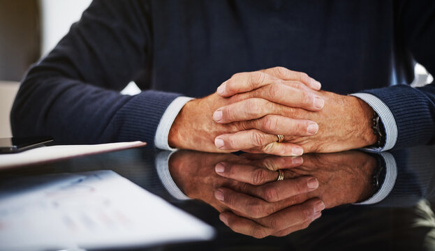 Relax, tablet and hands at desk in office, pension plan or insurance for future financial security. Retirement fund, policy stability or mature person with digital annuity contract, tech or assurance
