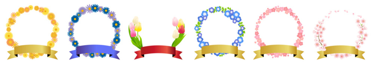 Spring Floral Wreath and Ribbon Vector Illustration Set. Daisies, tulips, nemophila, cherry blossoms. Vector illustrations on a white background. / 春の花のリースとリボンのベクターイラストレーション。デイジー、チューリップ、ネモフィラ、桜
