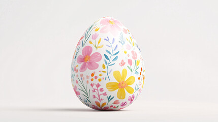 Fototapeta premium Easter egg decorated with delicate watercolor floral patterns sits against white.