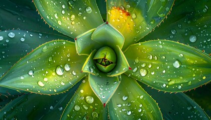 Symmetrical agave plant rosette, covered in water droplets