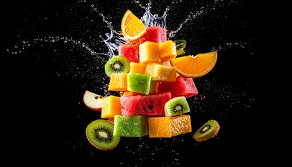 Stacked cubes of colorful fruits suspended in air with water splashing